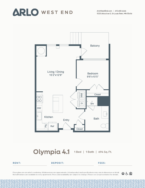 Floor plan for 1 bed, 1 bath, 694 sqft